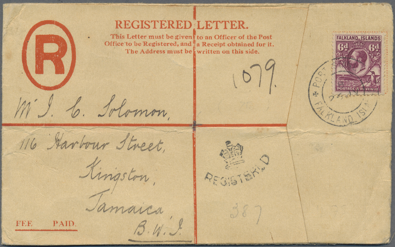Br Falklandinseln: 1937. Registered Letter Envelope Bearing SG 121, 6d Purple Tied By Port Stanley/Falkland Lslands Doub - Falkland Islands