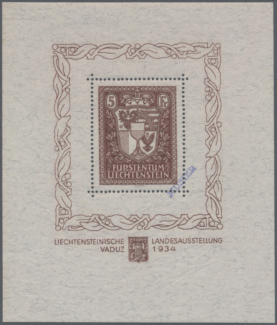 ** Liechtenstein: 1934, Landesausstellung-Blockausgabe Postfrisch Und Einwandfrei Mit Viol. Handstempel "MUSTER" - Lettres & Documents