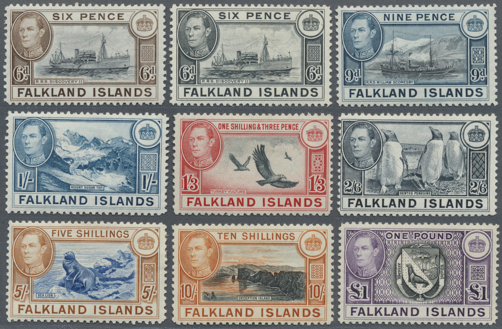 * Falklandinseln: 1938/1949, KGVI Definitives Set Of 17 Values To 1pd. (missing 2½d. Goose), Mint Hinged, SG. £ 475 - Falkland Islands