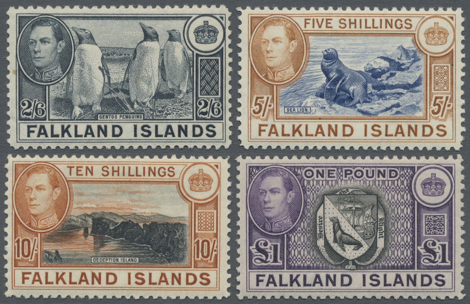 * Falklandinseln: 1938, KGVI Definitives Four Values 2s6d. Penguins To 1pd. Coat Of Arms Mint Very Lightly Hinged, Scarc - Falkland Islands