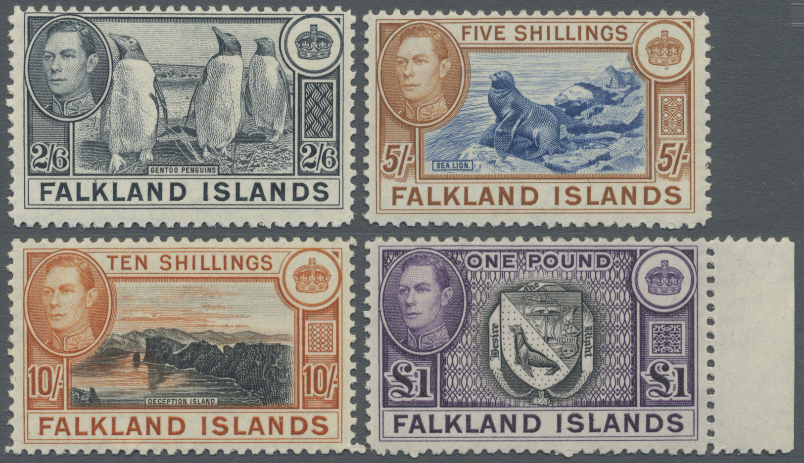 * Falklandinseln: 1938, KGVI Definitives Four Values 2s6d. Penguins To 1pd. Coat Of Arms Mint Never Hinged Or Lightly Hi - Falkland