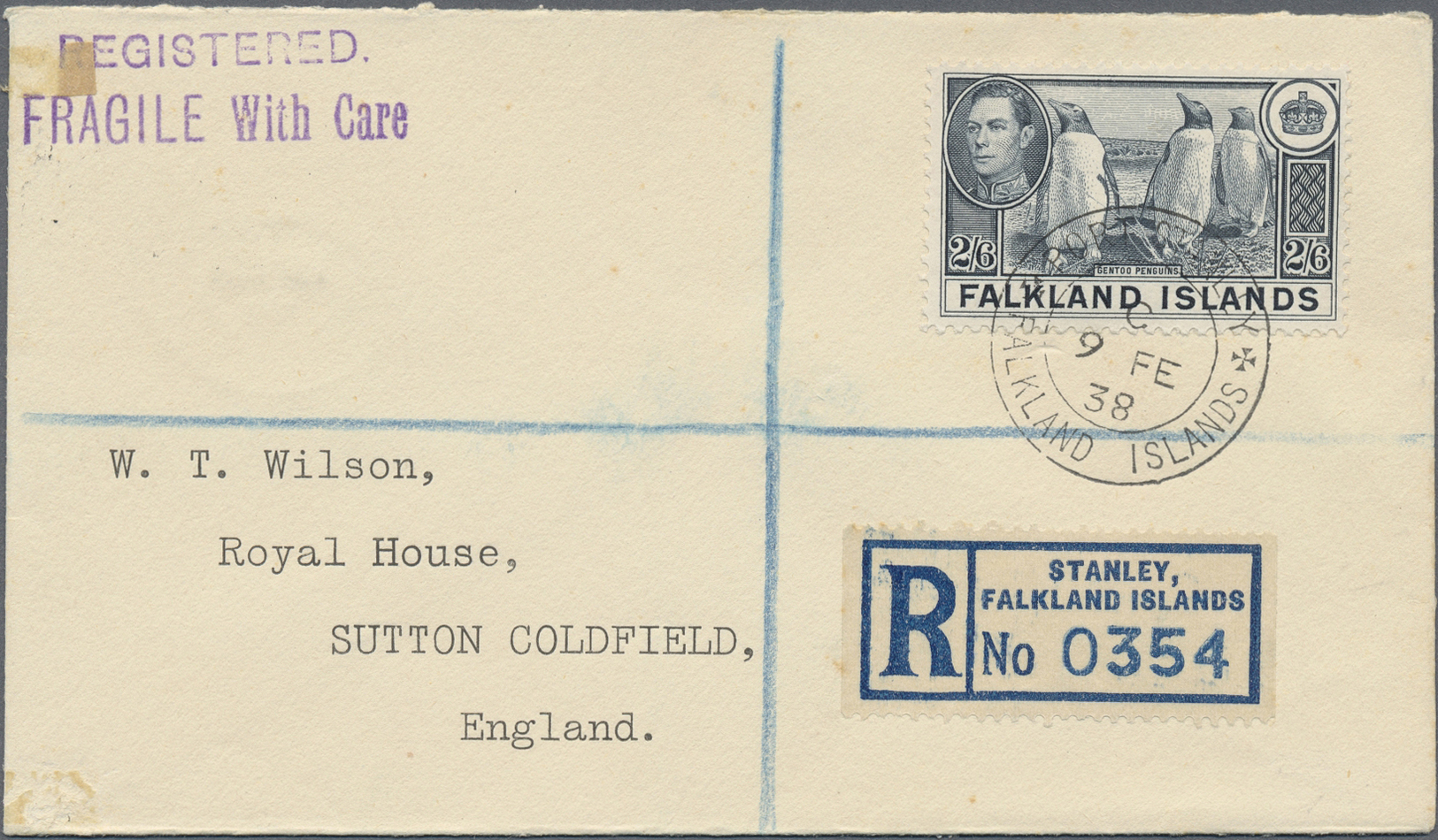 Br Falklandinseln: 1938, Registered Letter Franked With 2/6 Sh. Definitive Stamp Georg VI Penguins From Stanley To GB. - Falkland Islands