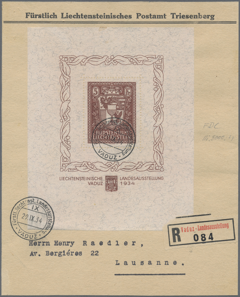 O/Brrst/ Liechtenstein: 1934, VADUZ-Block Mit Ersttags-Ausstellungsstempel Auf FDC-Vorderseite Des Postamtes Triesenber - Lettres & Documents