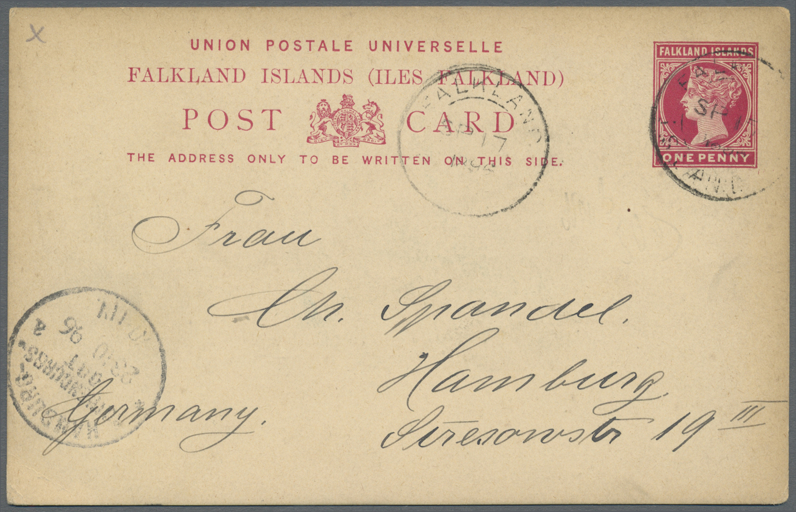 GA Falklandinseln - Ganzsachen: 1896 Privately Used Postal Stationery Card 1d. To Mrs Spandel In Hamburg, Germany Cancel - Falkland Islands