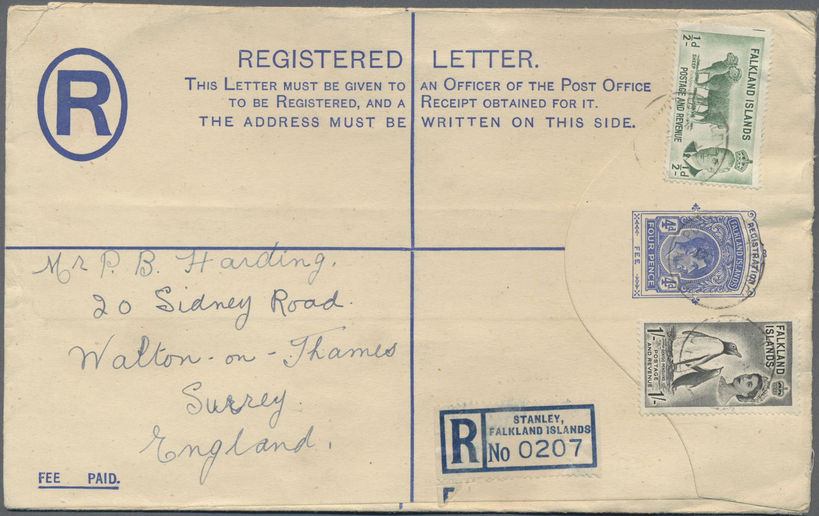 GA Falklandinseln - Ganzsachen: 1955 (ca.). Registered KGVI Postal Stationery Envelope 4d Blue Upgraded With SG 172, ½d  - Falkland Islands