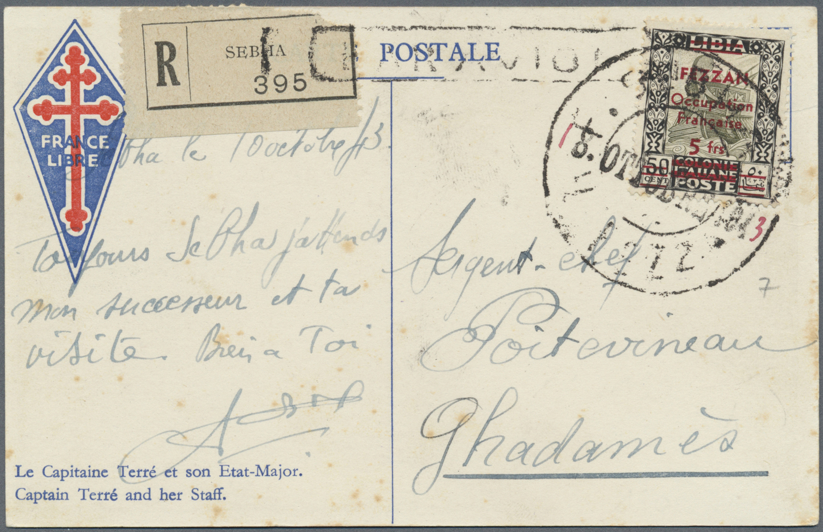Br Fezzan: 1943. Registered Air Mail ‘France Libre’ Post Card ‘Captain Terre And Her Staff’ Addressed To Ghadames Bearin - Covers & Documents