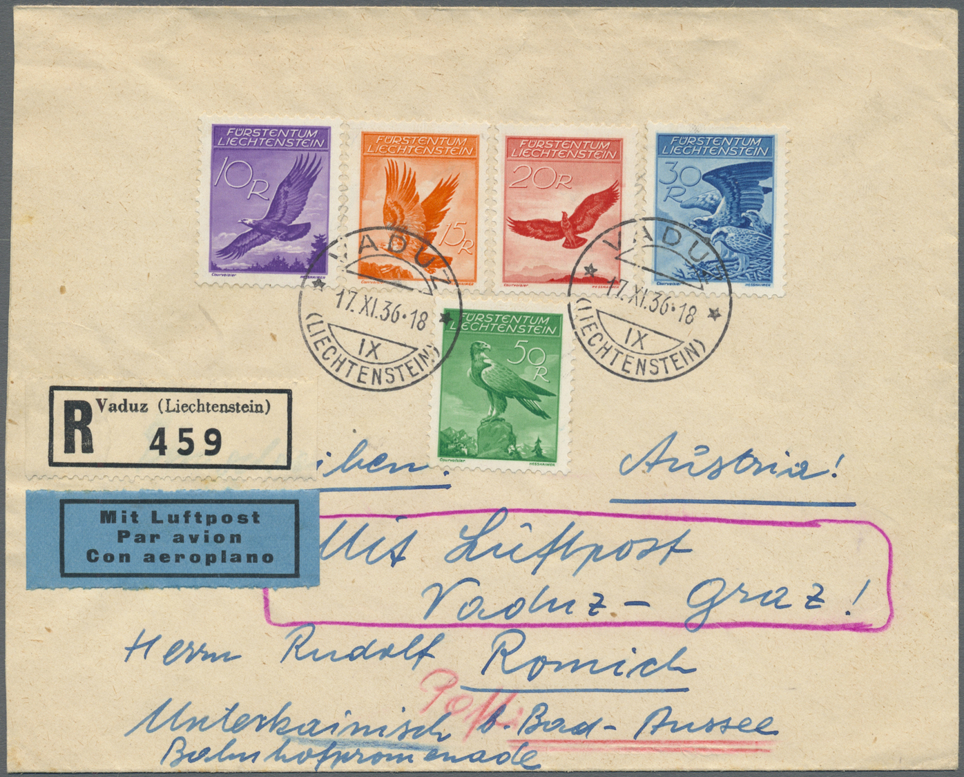 Br Liechtenstein: 1936 (17.11.), Freimarken 'Adler' Kompletter Satz Auf Luftpost-R-Brief Von Vaduz 'Mit Luftpost - Covers & Documents