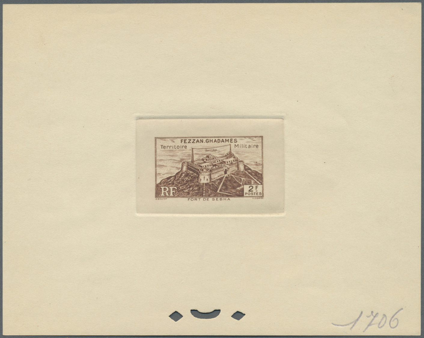 (*) Fezzan: 1946, 2fr. Fort de Sebha, four epreuve in brown, yellow-brown, purple and bluish green. Maury 24