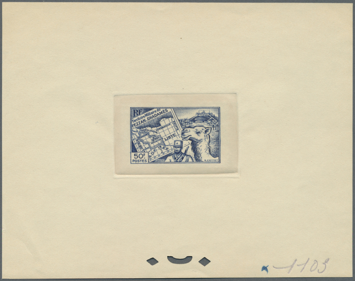 (*) Fezzan: 1946, 50fr. Map/Camel Horseman, four epreuve in bue, orange-red, dark green and purple. Maury 34