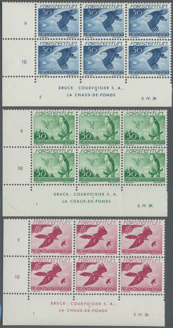 ** Liechtenstein: 1939, Flugpost Vögel 10 Rp Bis 2 Fr., Postfrische Sechserblockserie Aus Der Linken Unteren Boge - Lettres & Documents