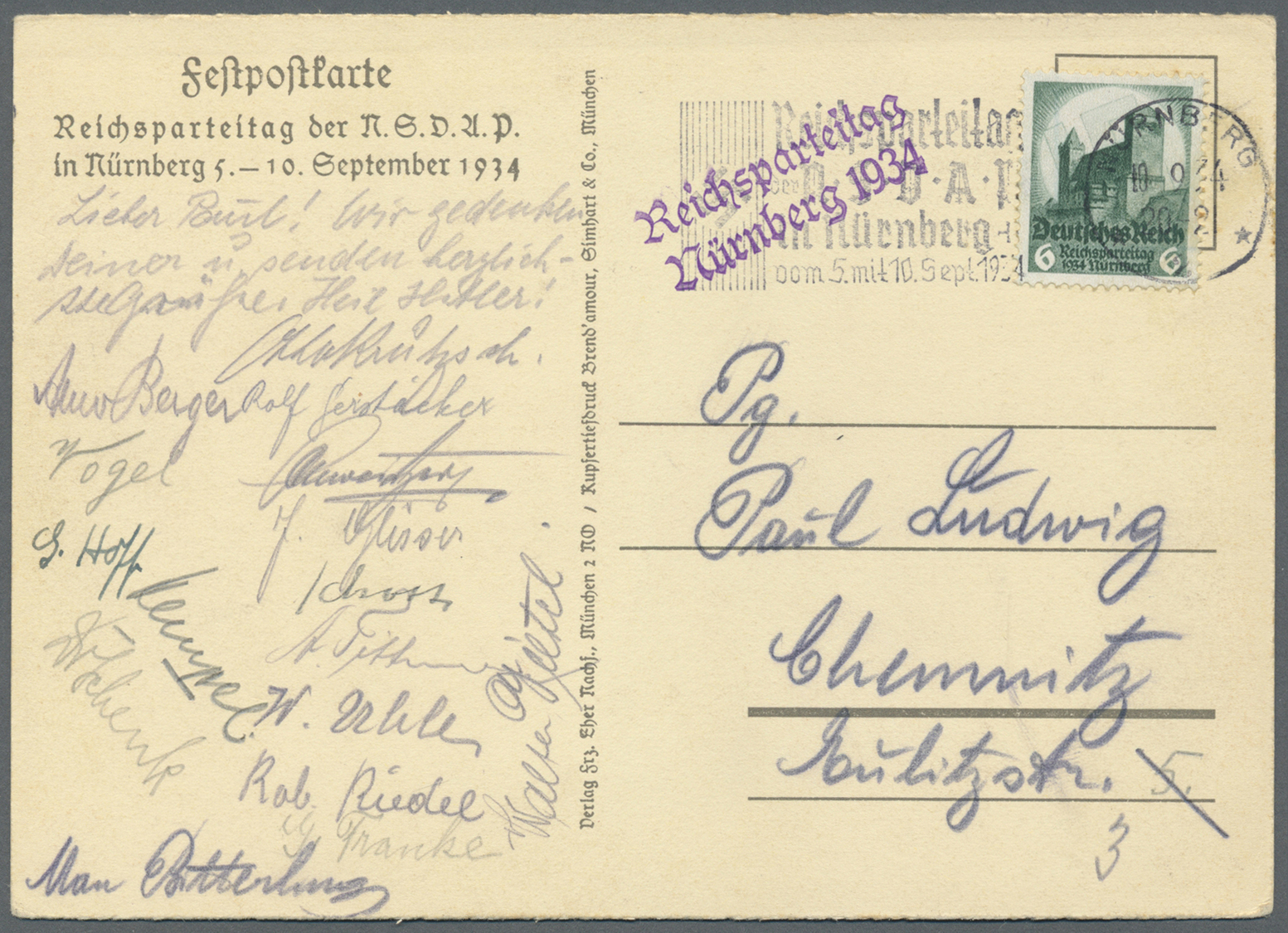 Ansichtskarten: Propaganda: 1934, "Reichsparteitag" SA-Mann Mit Fahne Vor Fahmenmeer, Rücks. Viol. L - Partiti Politici & Elezioni