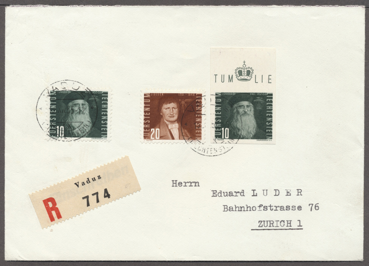 Br Liechtenstein: 1948, 10 RP. Leonardo Da Vinci, Ungezähntes Oberrandstück Mit Weiterer 10 Rp. Und 20 Rp. Auf Ei - Covers & Documents