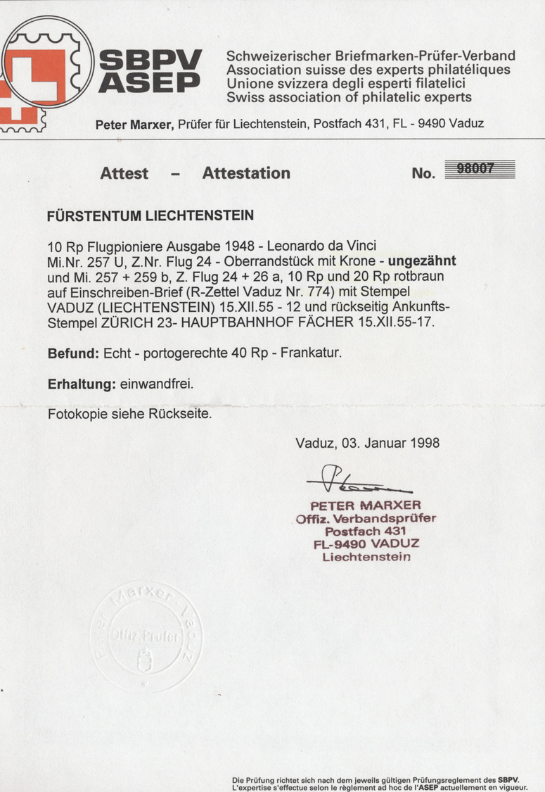 Br Liechtenstein: 1948, 10 RP. Leonardo Da Vinci, Ungezähntes Oberrandstück Mit Weiterer 10 Rp. Und 20 Rp. Auf Ei - Lettres & Documents