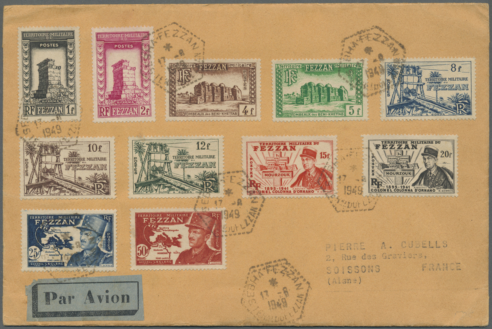 Br Fezzan: 1949, Definitives "Pictorials/Officers", 1fr. To 50fr., Complete Set Of Eleven Stamps, Attractive Franking On - Covers & Documents