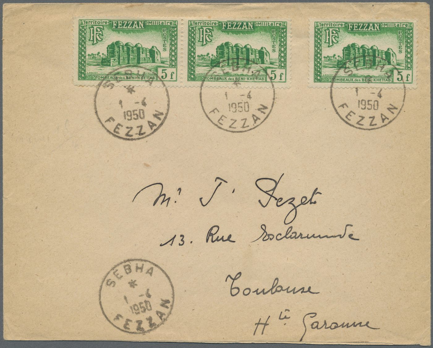 Br Fezzan: 1950, 5fr. Bright Green, Horiz. Pair And Single Stamp (few Marks/toned Perfs), Multiple Franking On Cover Fro - Covers & Documents