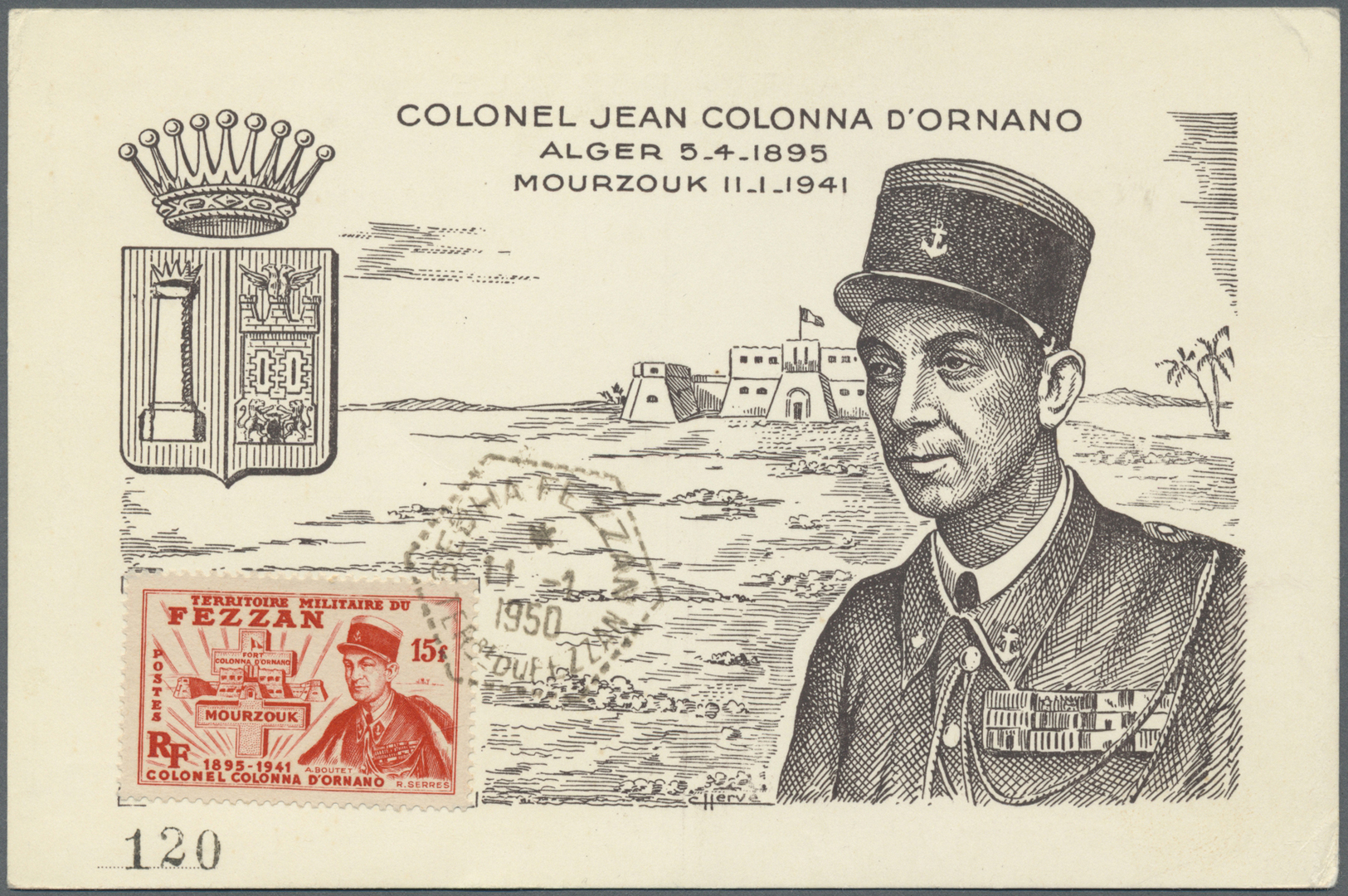 MK Fezzan: 1949, 15fr. Colonel D'Ornano On Maximum Card, Neatly Oblit. "SEBHA 11.1.1950" (the 9th Anniversary Of His Dea - Covers & Documents