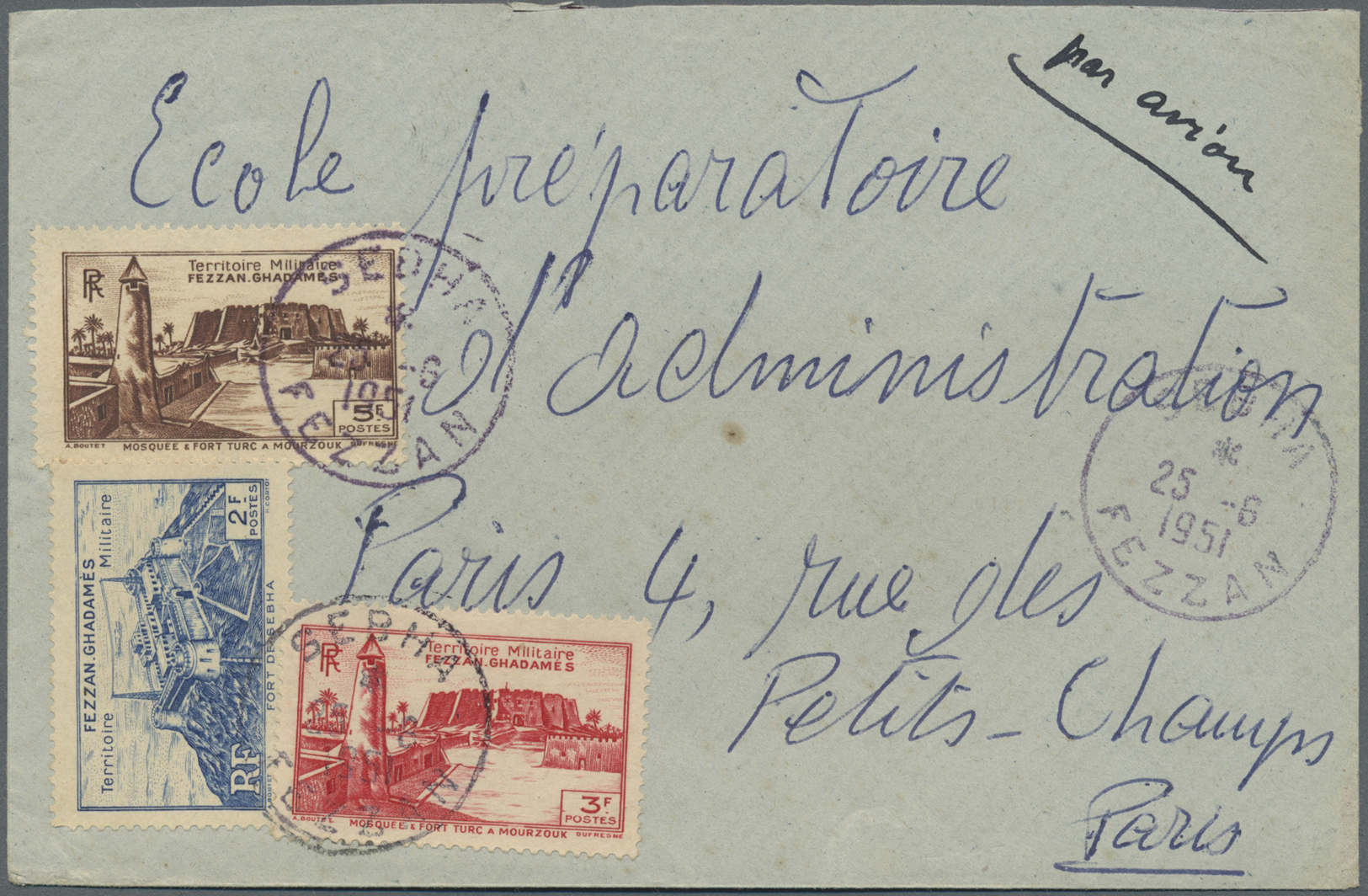 Br Fezzan: 1951, 2fr. Ultramarine, 3fr. Carmine And 5fr. Brown, Attractive Franking On Commercial Airmail Cover From "SE - Covers & Documents