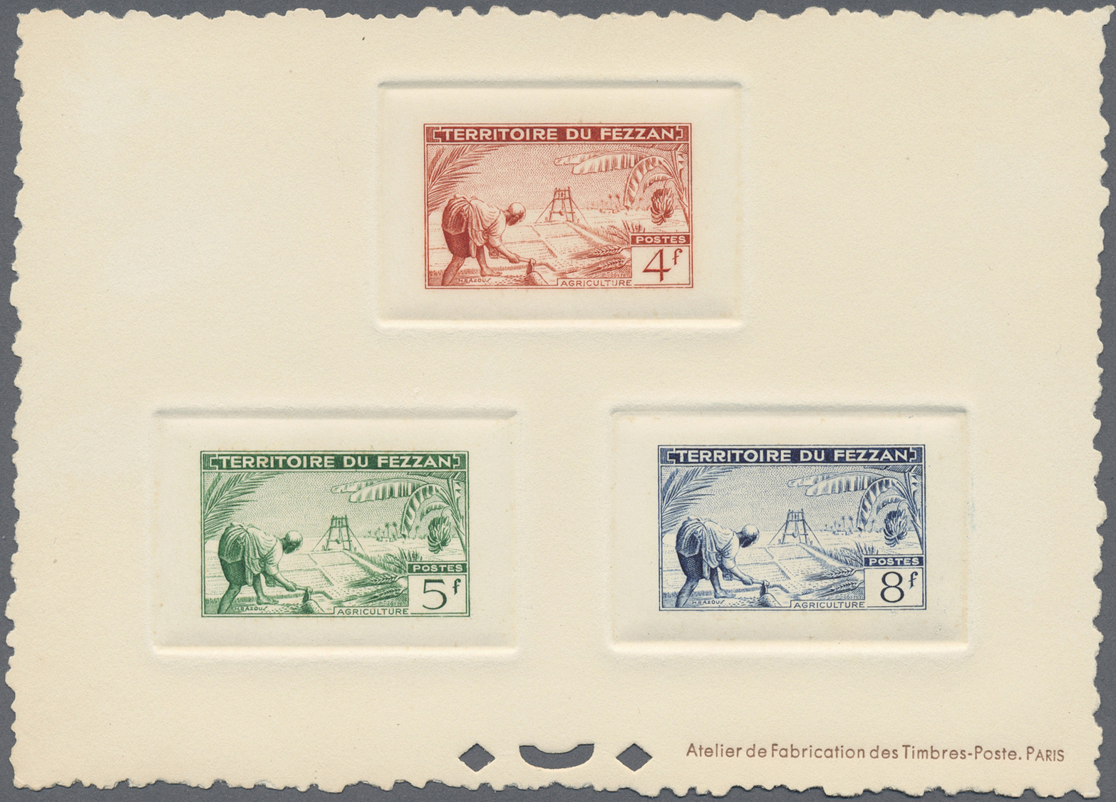 (*) Fezzan: 1951, Definitives "Agriculture", complete set, four epreuve collective (one piece slightly creased). Maury 5