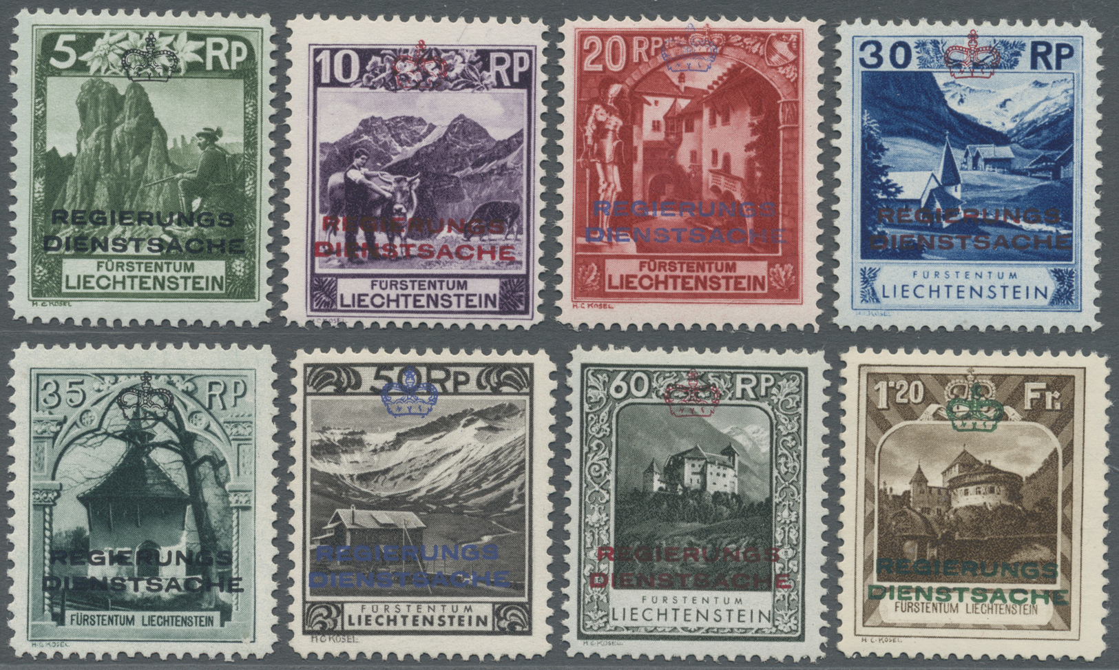 ** Liechtenstein - Dienstmarken: 1932, Freimarken "Landschaften" Mit Farbigem Waagerechtem Aufdruck, Taufrische P - Official