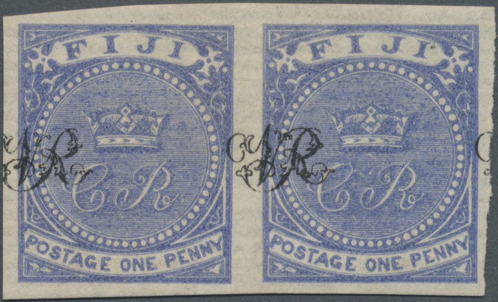 * Fiji-Inseln: 1876, 1 P. Blau, Probedruck, Ungezähntes, Waagerechtes Paar, Ungebraucht, Mit Stark Nach Links Verschoben - Fiji (...-1970)