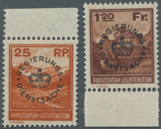 ** Liechtenstein - Dienstmarken: 1933, 25 Rp. Und 1,20 Fr. Mit Schwarzem Aufdruck REGIERUNGS DIENSTSACHE, Beide W - Service