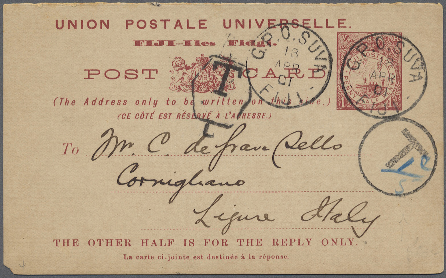 GA Fiji-Inseln: 1901. Fijian Postal Stationery Card (small Corner Fault) 1 ½ D Lilac Cancelled By GPO Suva/Fiji Date Sta - Fiji (...-1970)