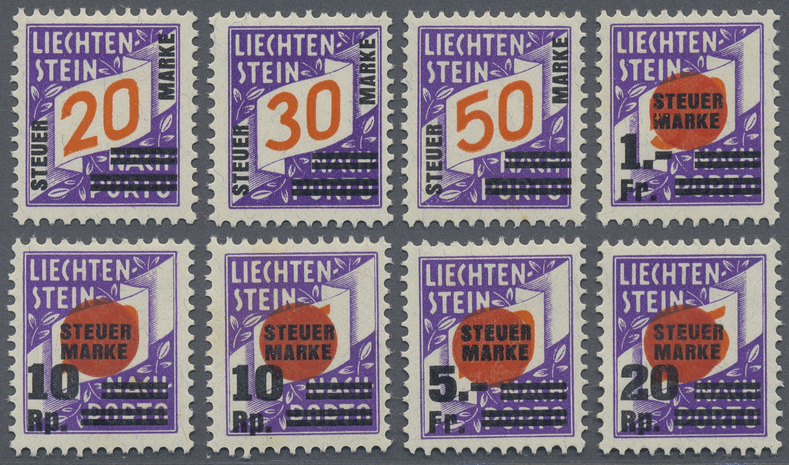 * Liechtenstein - Portomarken: 8 Verschiedene Portomarken Als Steuermarken Verwendet Mit Entsprechendem Aufdruck - Postage Due