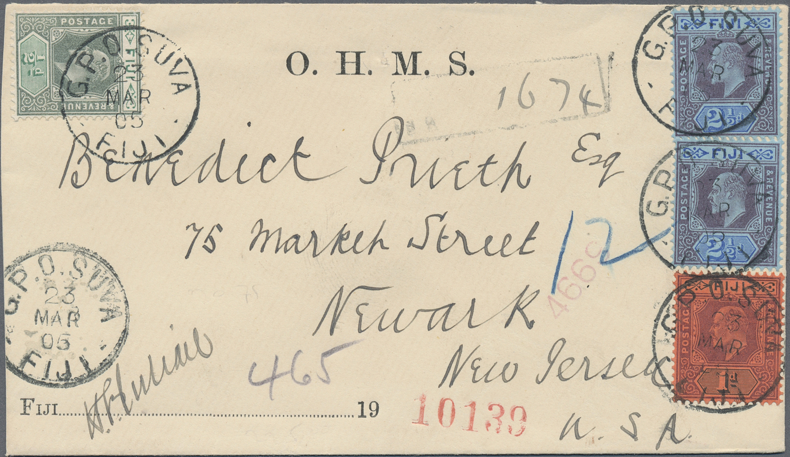 Br Fiji-Inseln: 1905. Official Registered Envelope Headed 'O.H.M.S.' Addressed To New Jersey Bearing SG 104, ½d Green An - Fiji (...-1970)