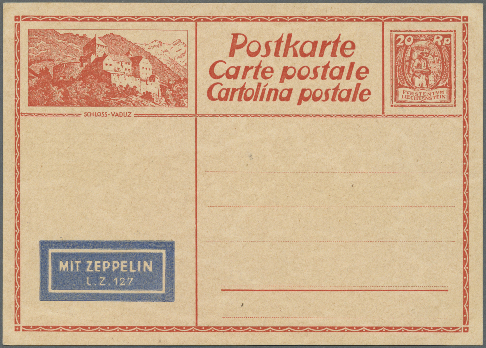 GA Liechtenstein - Ganzsachen: 1929, 20 Rp. Winzer Bild GSK Mit Dem Seltenen Eingedruckten Zeppelin-Etikett In Ta - Entiers Postaux