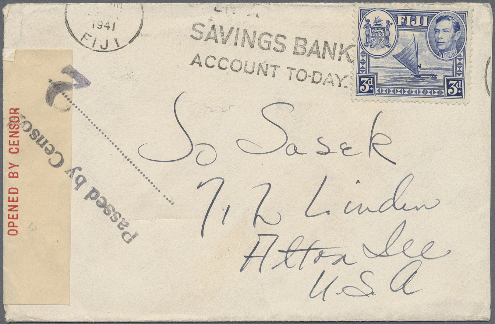 Br Fiji-Inseln: 1941. Envelope Addressed To The United States Bearing SG 257, 3d Blue Tied By Suva Slogan Cachet With 'O - Fidji (...-1970)