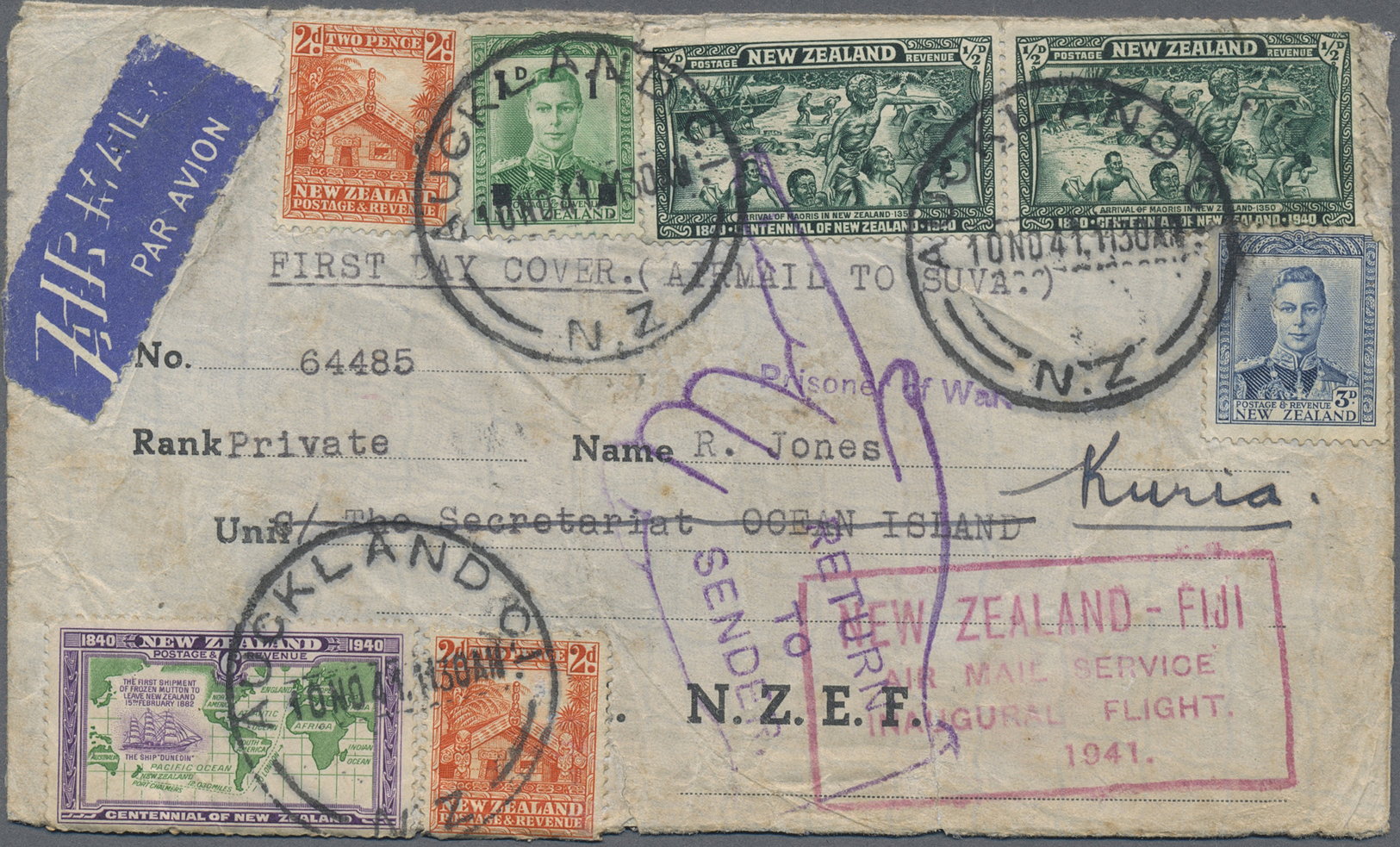 Br Fiji-Inseln: 1941. Soiled And Creased Air Mail Envelope Addressed To 'Private R. Jones, Ocean Island, N.Z.E.F.' Beari - Fiji (...-1970)