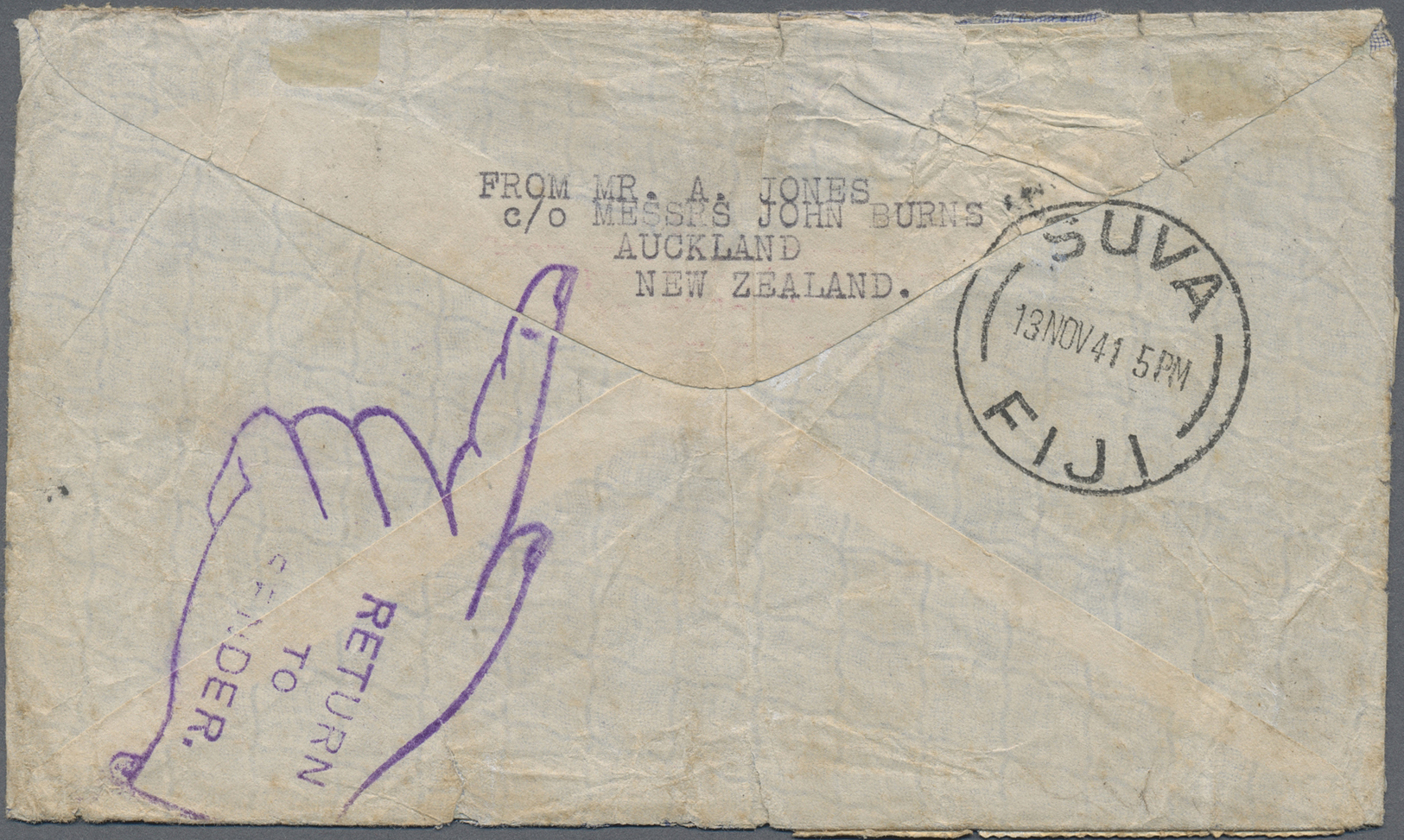 Br Fiji-Inseln: 1941. Soiled And Creased Air Mail Envelope Addressed To 'Private R. Jones, Ocean Island, N.Z.E.F.' Beari - Fiji (...-1970)