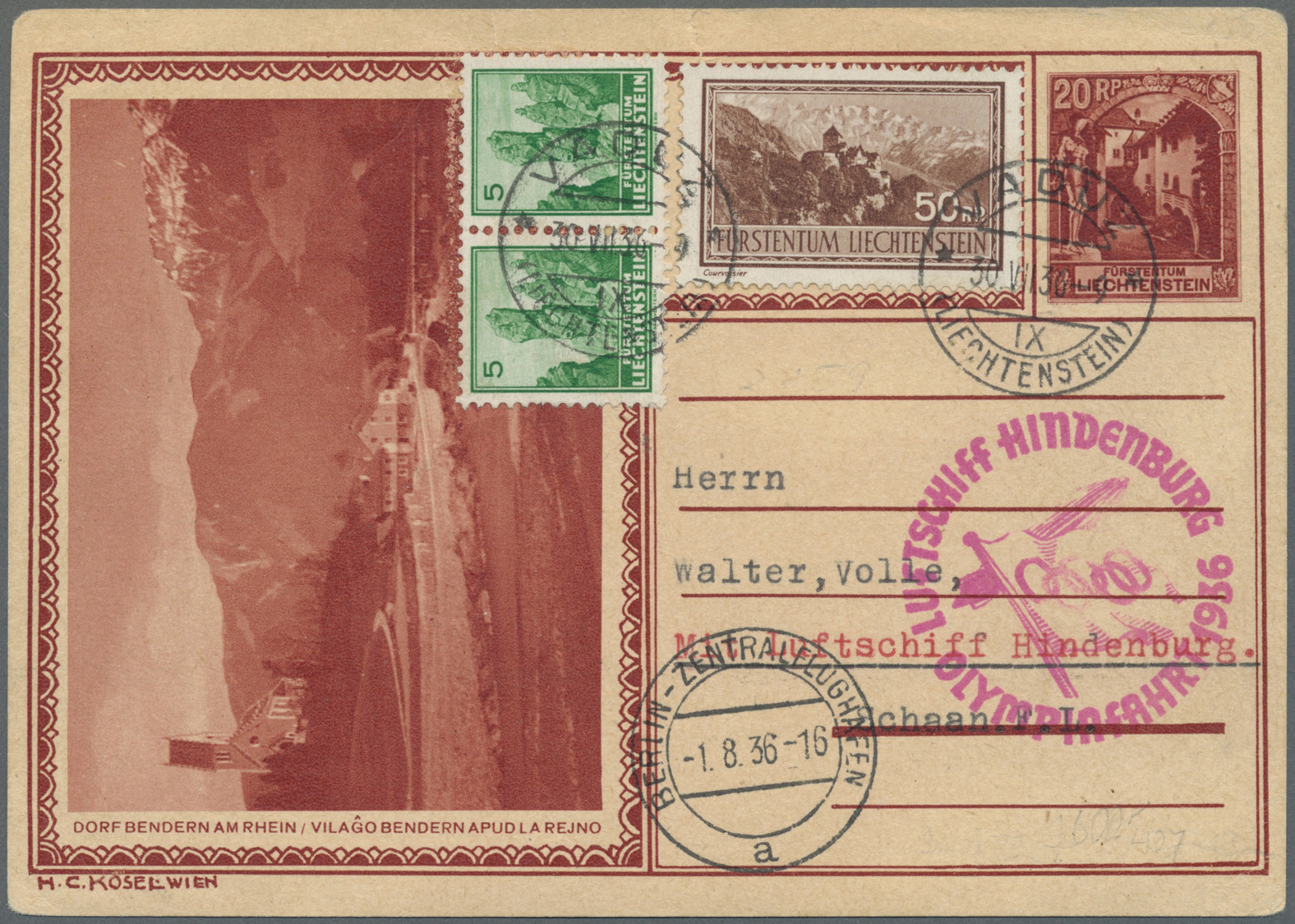 Liechtenstein - Ganzsachen: 1936, 20 Rp. Bildpost GSK Bild Bendern ( 2 Kl. Einrisse Oben) Mit ZuF Und Olympiaf - Stamped Stationery