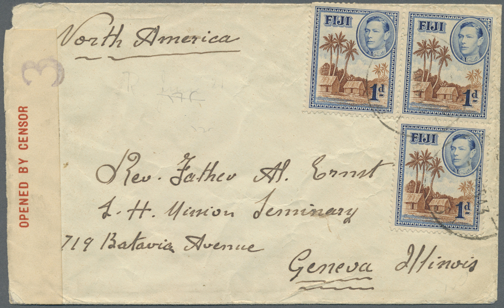 Br Fiji-Inseln: 1943. Envelope Addressed To The United States Bearing SG 250, 1d Blue And Brown (3) Tied By Makogai Date - Fiji (...-1970)