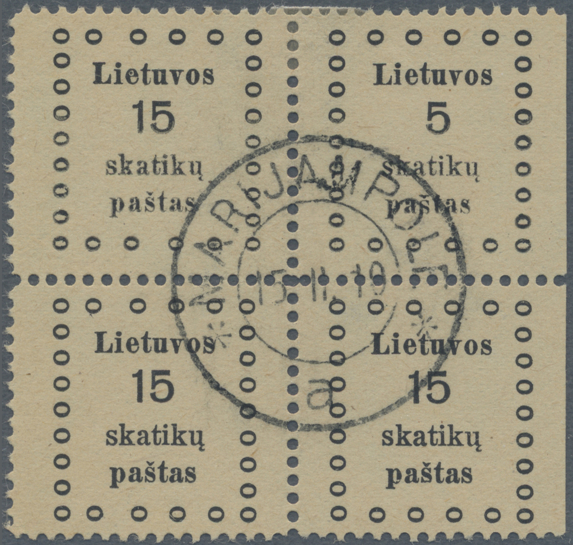 O Litauen: 1919, 15 Sk Black Block Of Four Reprint With Plate Flaw "5" On Right Upper Stamp (fields 9+10 And 19+ - Lituanie
