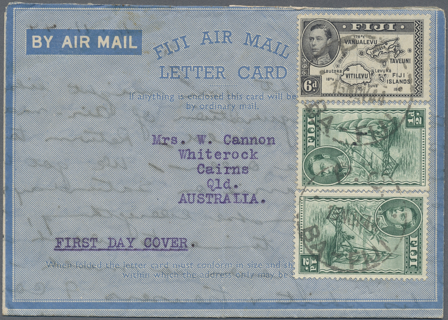 Br Fiji-Inseln: 1944. Fiji Air Mail Letter Card (vertical Fold) Addressed To Australia Bearing Fiji SG 249, ½d Green (pa - Fiji (...-1970)