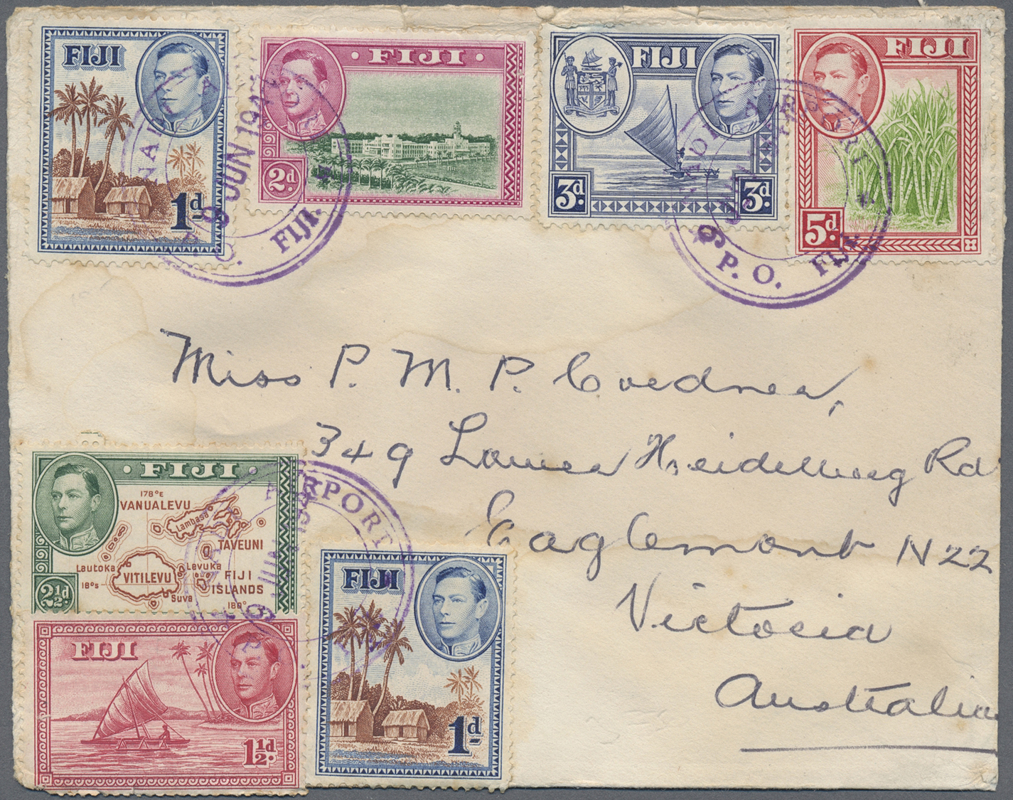 Br Fiji-Inseln: 1947. Air Mail Envelope (stains) Addressed To Victoria, Australia Bearing SG 250, 1d Brown And Blue (2), - Fiji (...-1970)