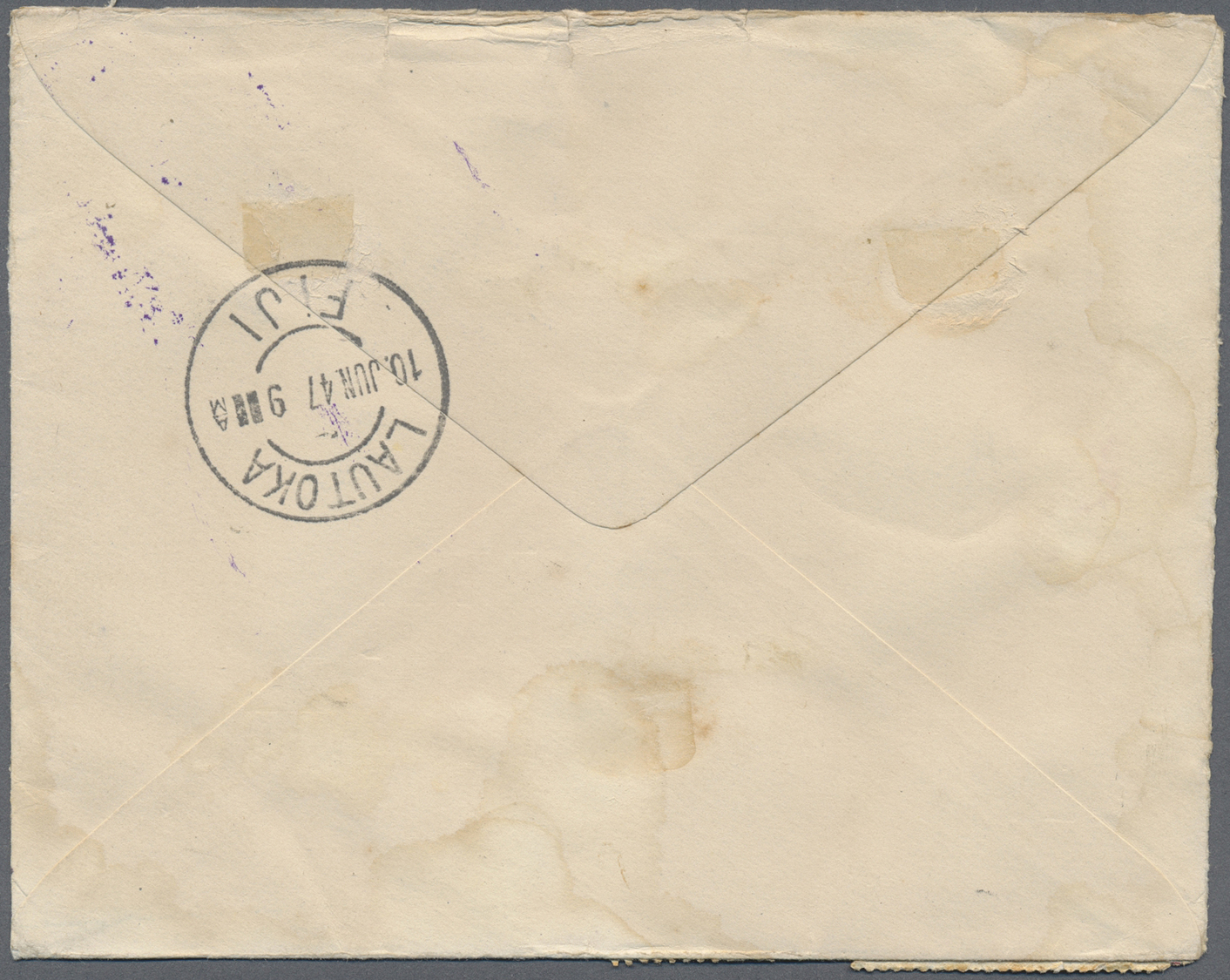 Br Fiji-Inseln: 1947. Air Mail Envelope (stains) Addressed To Victoria, Australia Bearing SG 250, 1d Brown And Blue (2), - Fiji (...-1970)