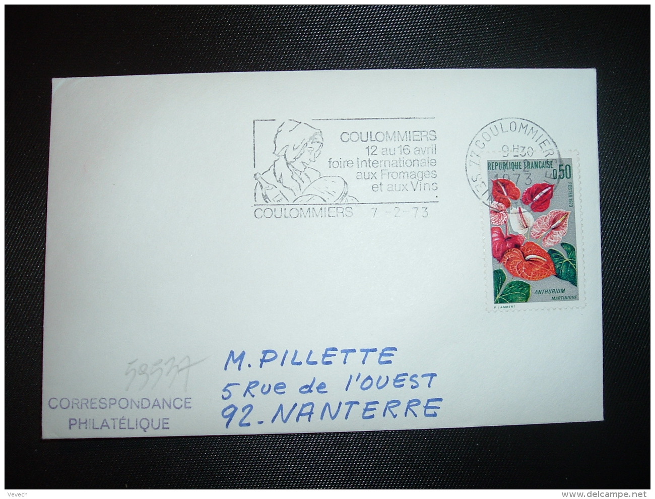 L. TP ANTHURIUM 0,50 OBL.MEC.7-2-1973 COULOMMIERS (77) FOIRE INTERNATIONALE AUX FROMAGES ET AUX VINS - Wein & Alkohol