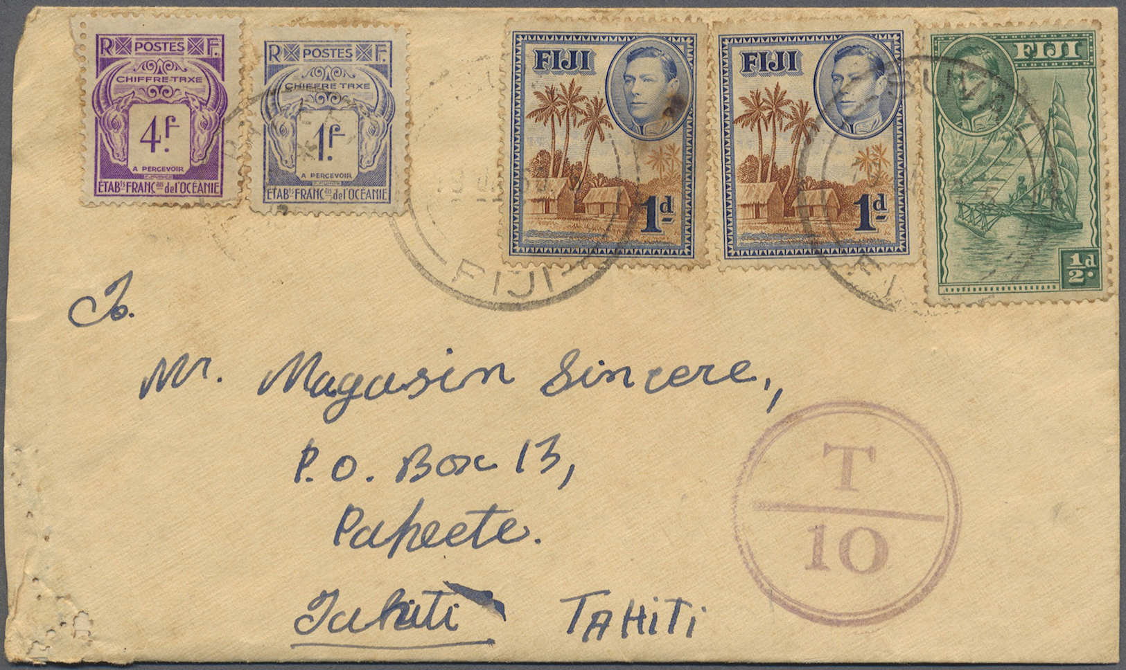 Br Fiji-Inseln: 1948. Envelope Written From Suva Addressed To Papeete, Tahiti Bearing Fiji SG 249, ½ D Green And SG 250, - Fiji (...-1970)