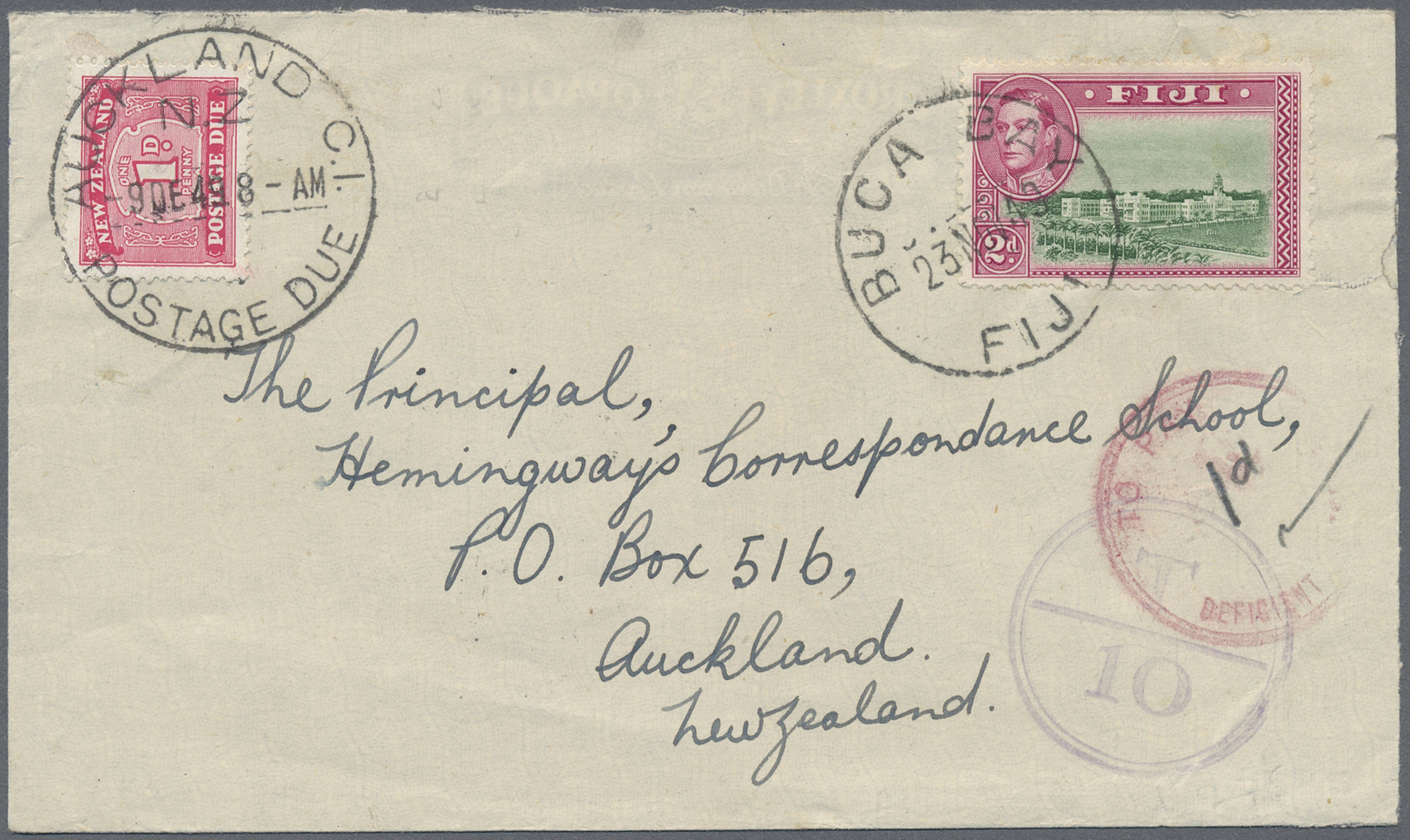 Br Fiji-Inseln: 1949. Envelope (creases And Tears) Addressed To New Zealand Bearing Fiji SG 255, 2d Green And Magenta Ti - Fiji (...-1970)