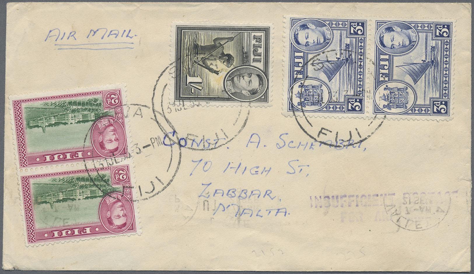 Br Fiji-Inseln: 1953. Air Mail Envelope Addressed To Zabbar, Malta Bearing SG 255, 2d Green And Magenta (pair), SG 257,  - Fiji (...-1970)