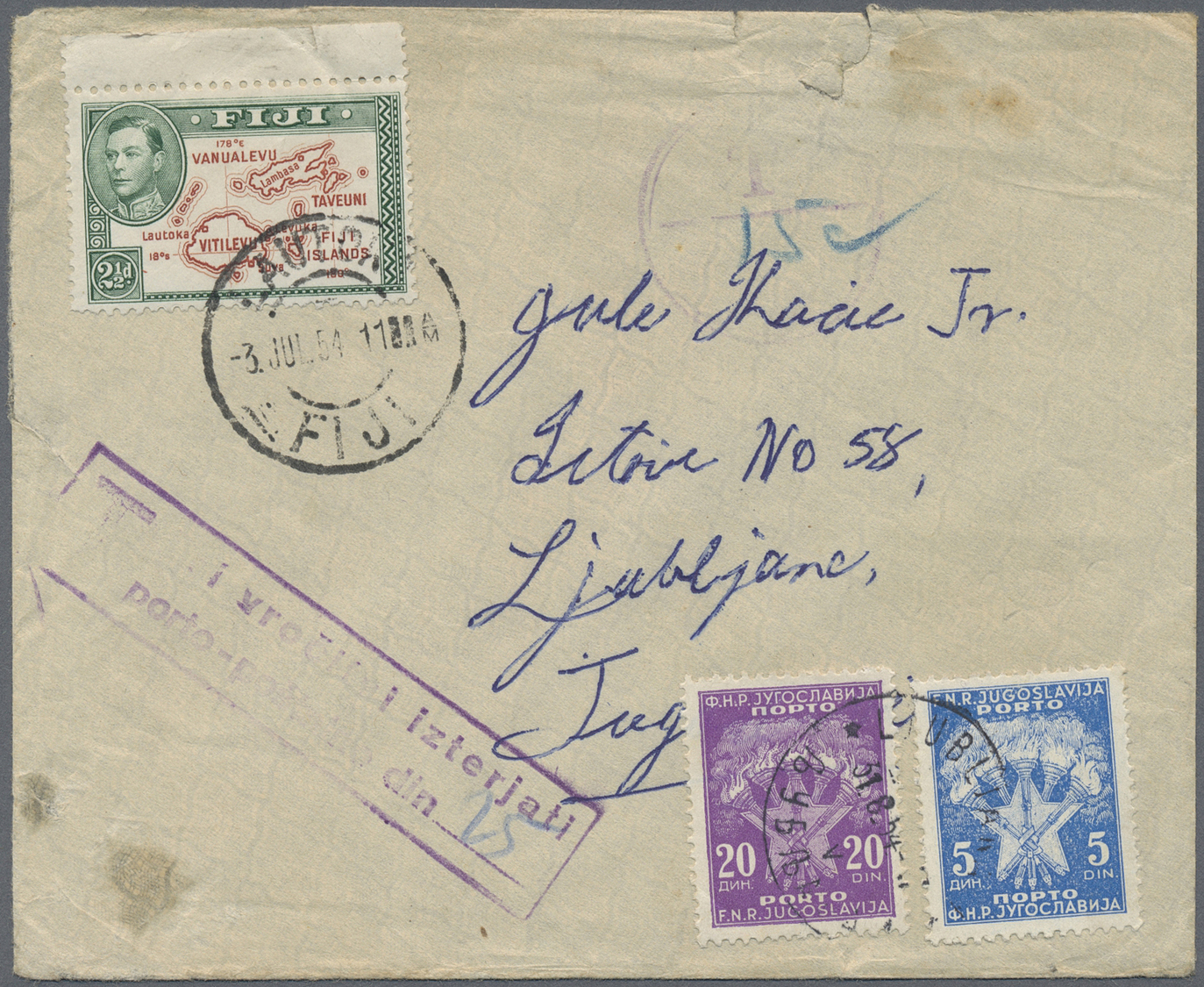 Br Fiji-Inseln: 1954. Envelope (tear At Top, Flap Partly Missing) Addressed To Ljubljana Bearing Fiji SG 256, 2½d Green  - Fiji (...-1970)
