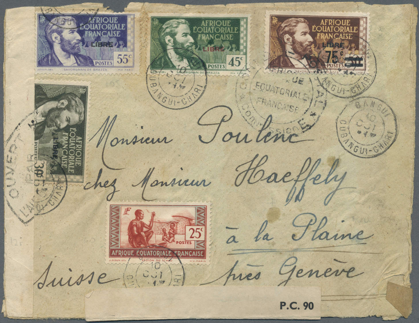 Br Französisch-Äquatorialafrika: 1941. Roughly Opend, Soiled Air Mail Envelope Addressed To Switzerland Bearing A.E.F. Y - Covers & Documents