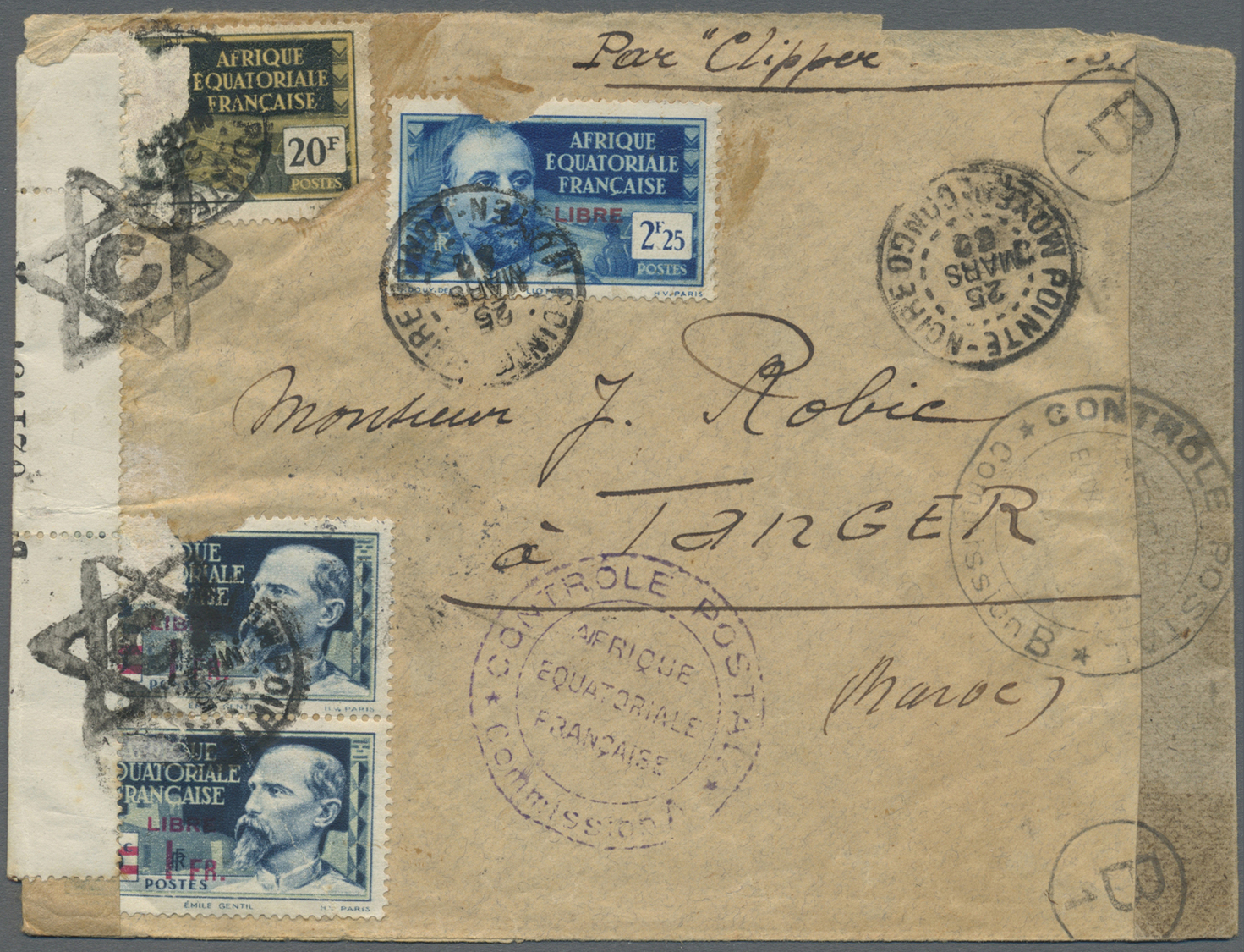 Br Französisch-Äquatorialafrika: 1942. Air Mail Envelope Addressed To Tanger, Morocco Bearing Afrique Equatoriale Franca - Covers & Documents