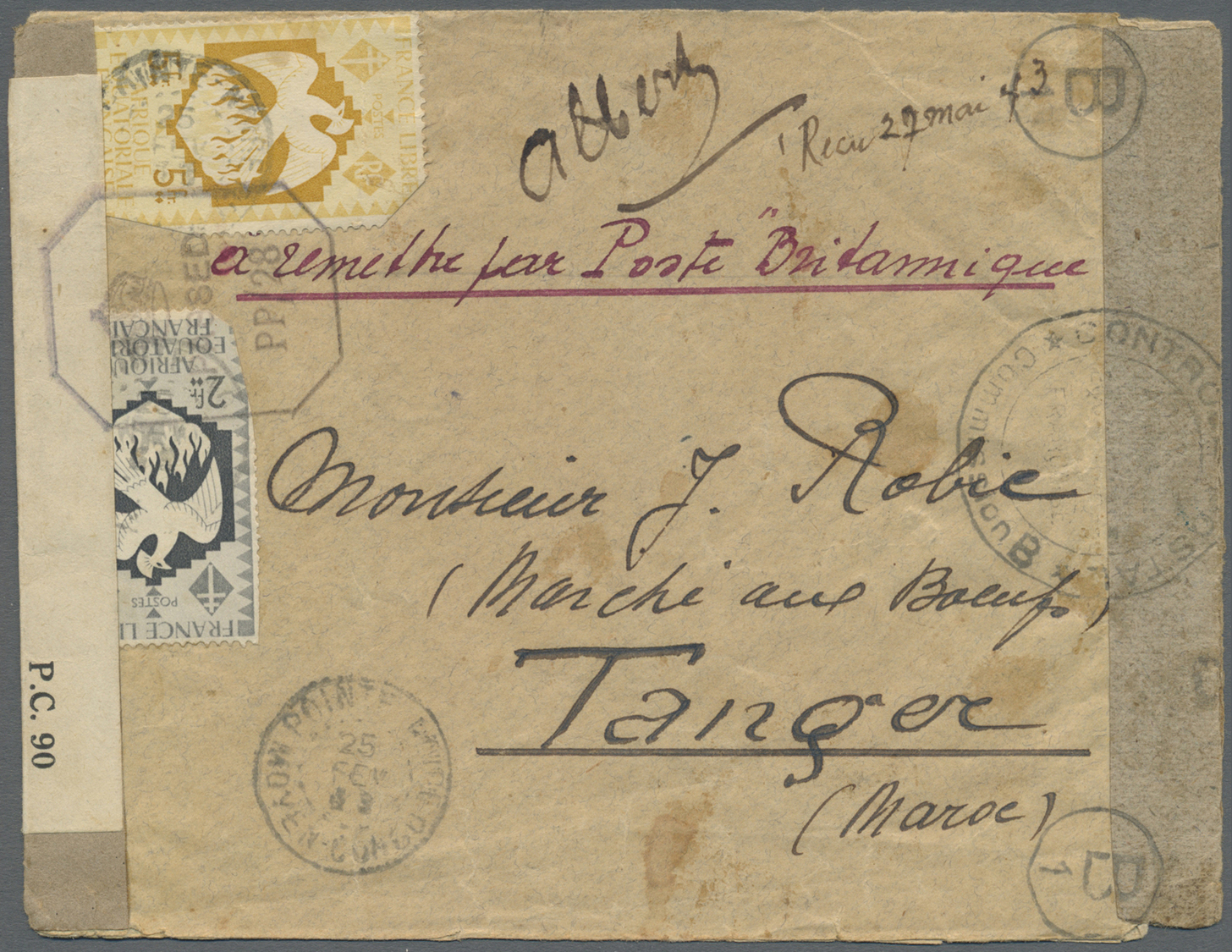 Br Französisch-Äquatorialafrika: 1943. Air Mail Envelope Addressed To Tanger, Morocco Bearing Afrique Equatoriale Franca - Covers & Documents