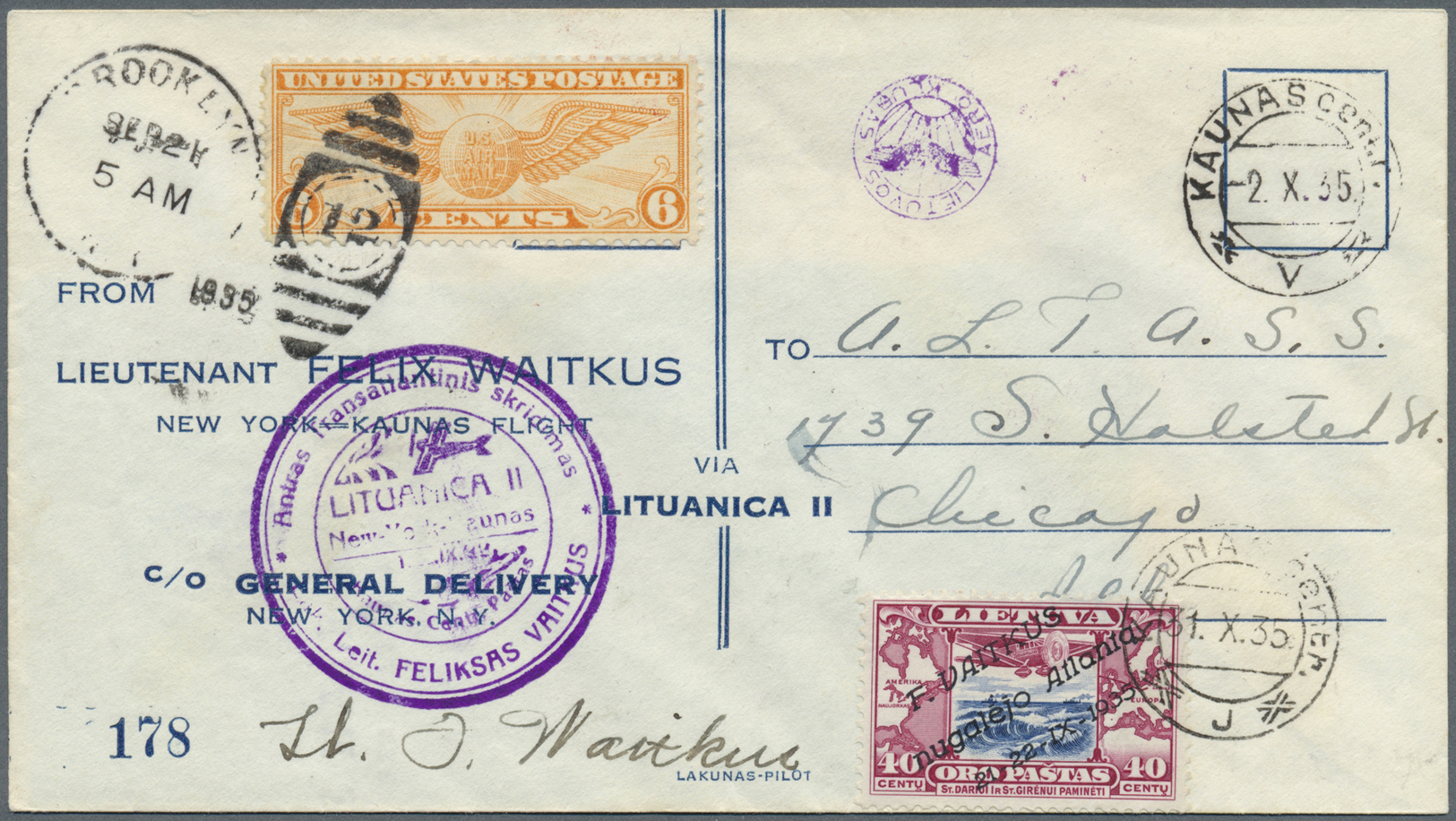 Br Litauen: 1935, Atlantikflug 40 C, Rekordflug Von Feliks Vaitkus, Transatlantik-Soloflug Nach Litauen, Brief Ab - Lituanie