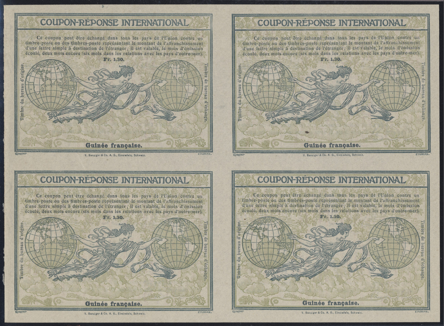 GA Französisch-Guinea: Design "Madrid" 1920 International Reply Coupon As Block Of Four 1,30 Fr.Guinee Francaise. Backsi - Other & Unclassified