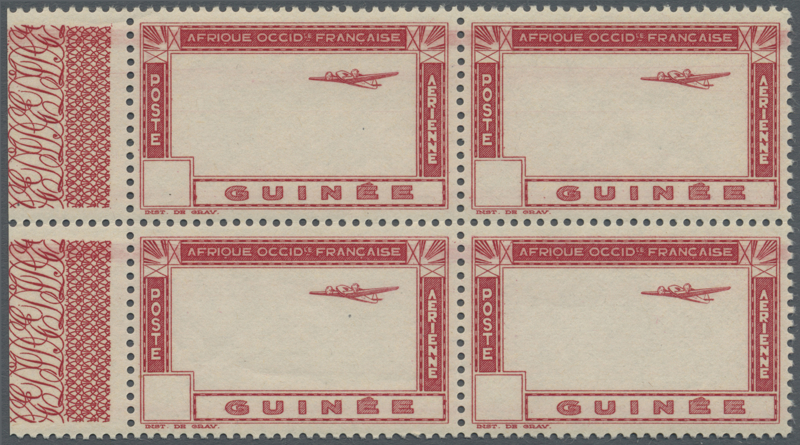 **/ Französisch-Guinea: 1942, 20 Fr. Red, 'aeroplane And Landscape", Block Of Four, Color Blue-grey Omitted,so Neither L - Other & Unclassified