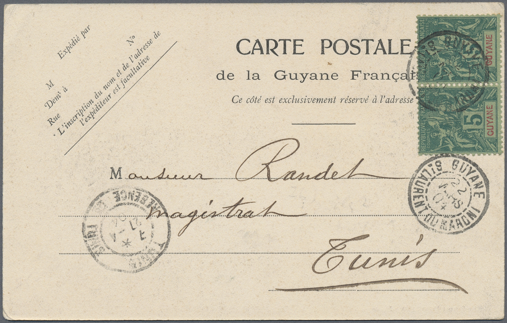 Br Französisch-Guyana: 1904. Picture Post Card Of 'Paysage Sr Le Fleuve Maroni' Addressed To Tunis, North Africa Bearing - Covers & Documents